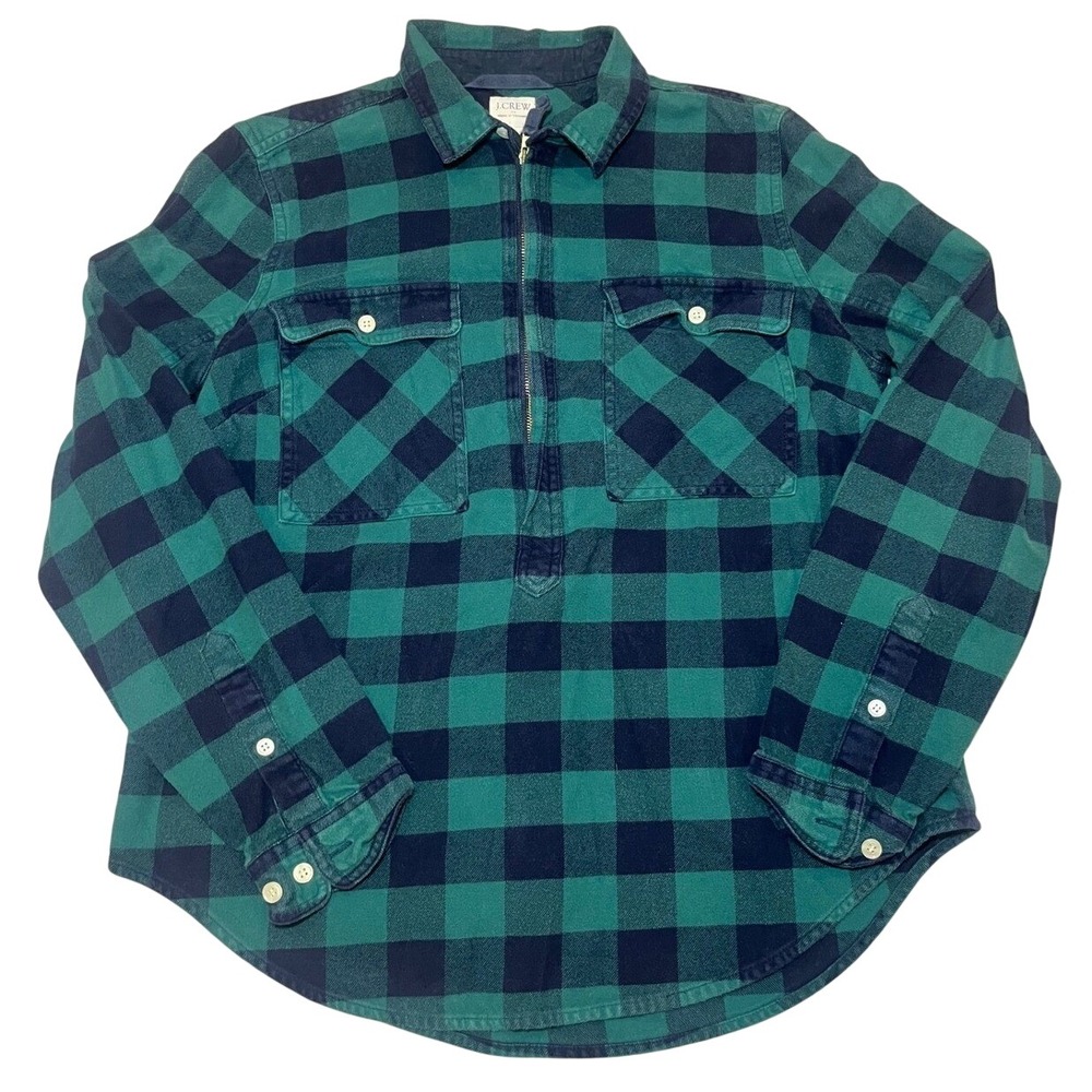 J.Crew Womens Small Flannel Half-Zip Pullover Long Sleeve Shirt Plaid Green Blue